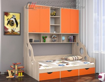 кровать с антресолью Дельта 21.01 полуторка цвет дуб Сонома / оранжевый, Формула мебели