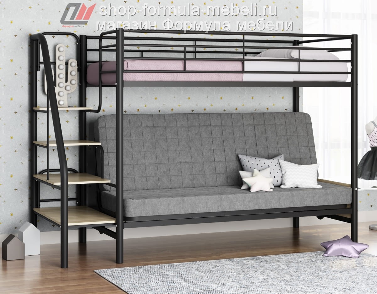 кровать с диваном Мадлен-3 двухъярусная металлическая цвет RAL чёрный 9005цвет лдсп светлый ясень шимо цвет ткани Мелисса-35 серый
