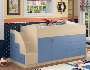 кровать чердак Дюймовочка-4 цвет дуб молочный / голубой