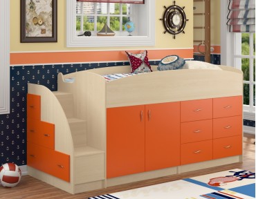 кровать чердак Дюймовочка-4 цвет дуб молочный / оранжевый