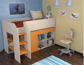кровать чердак Теремок-2 цвет дуб молочный / оранжевый, лестница слева