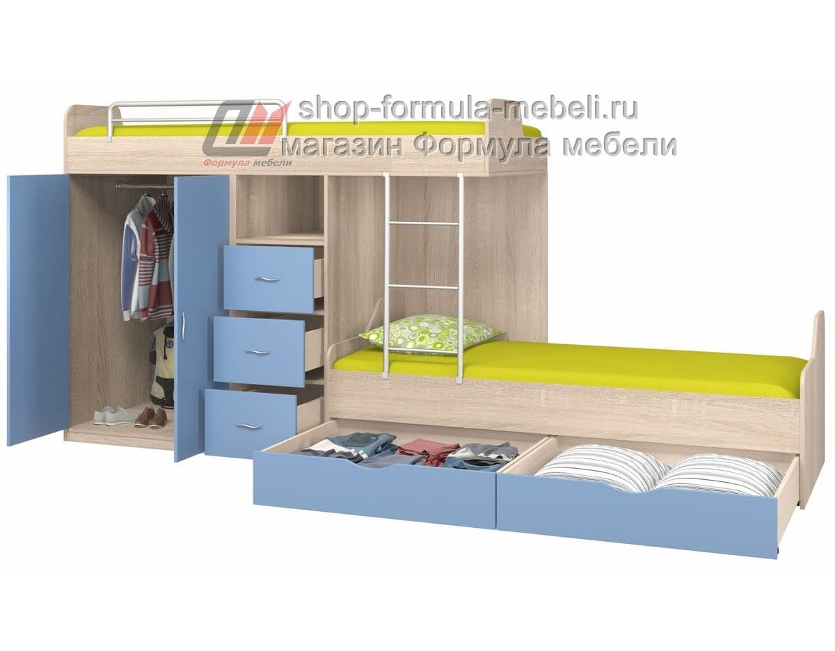 Двухъярусная кровать Мая​ с ящиками и шкафом